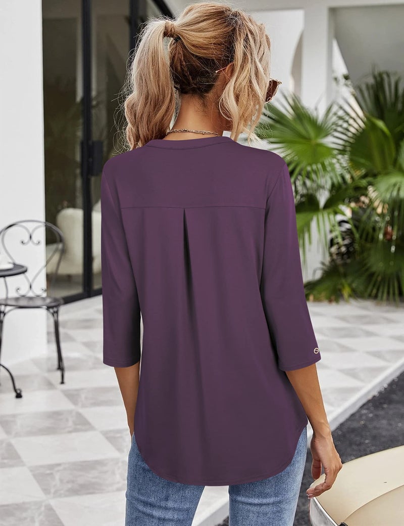 VALOLIA Women's 3/4 Sleeve Blouses for Business Casual & Fall - Flattering Tummy Control Tunic Tops - Dressy Dark Purple X-Large - Image 2